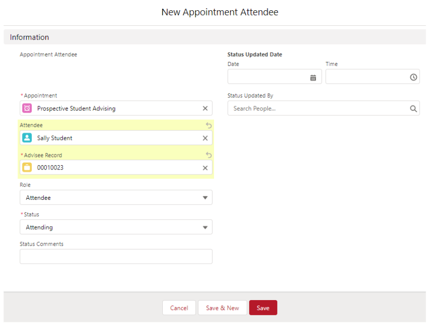 Image of the New Appointment Attendee screen