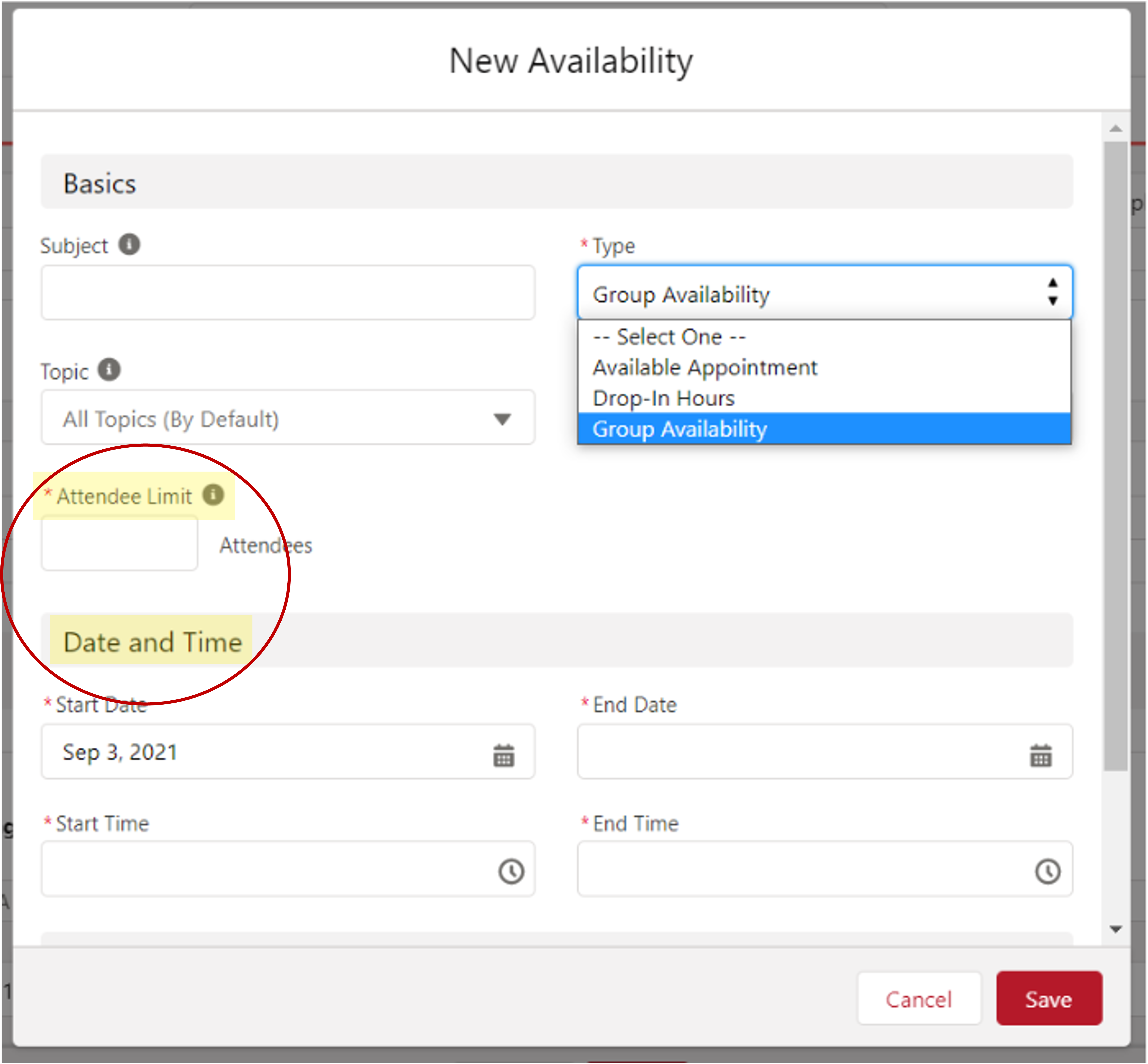 Availability Attendee Limit and Date/Time sections 