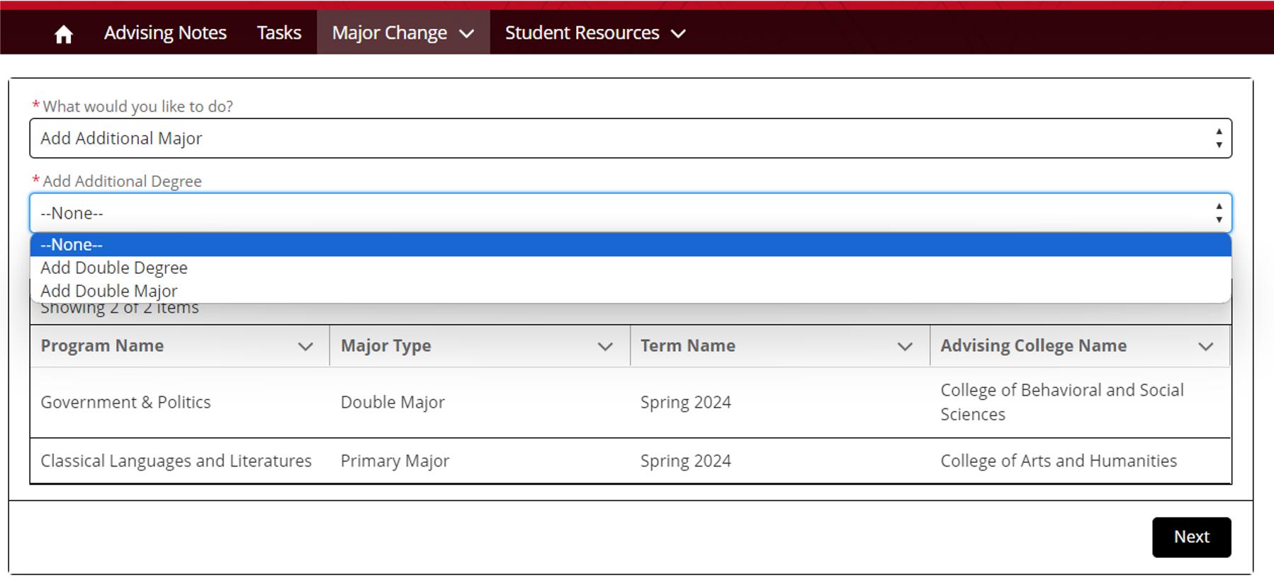 Dropdown menu to either add a double major or double degree