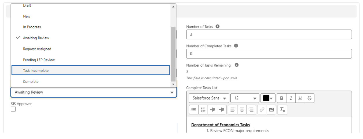 Marking the Status as Task Incomplete