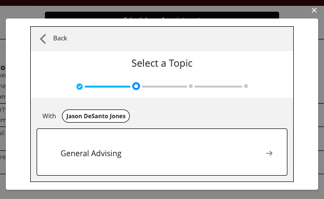 Screen where students select an appointment topic