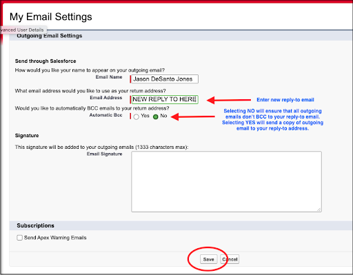 Email settings window in profile settings