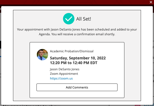 Student appointment confirmation screen