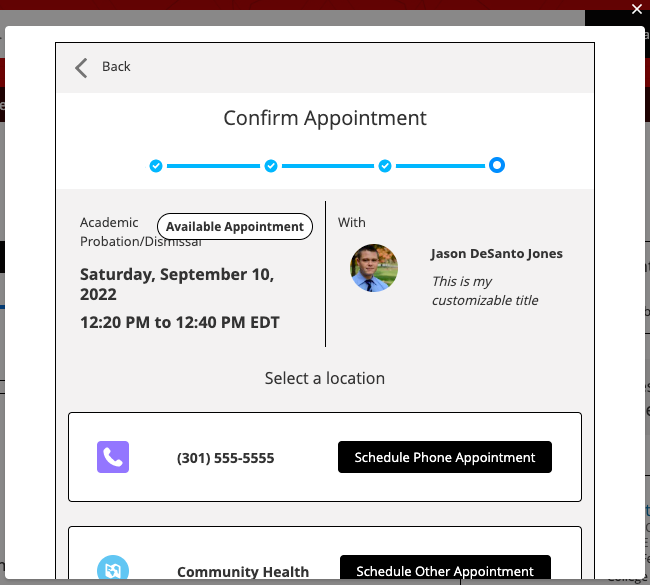 Student appointment location selection screen