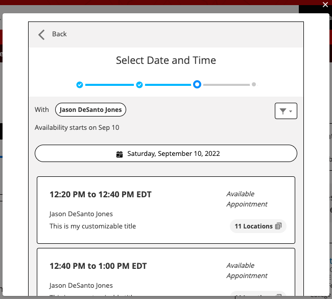 Student appointment time selection screen