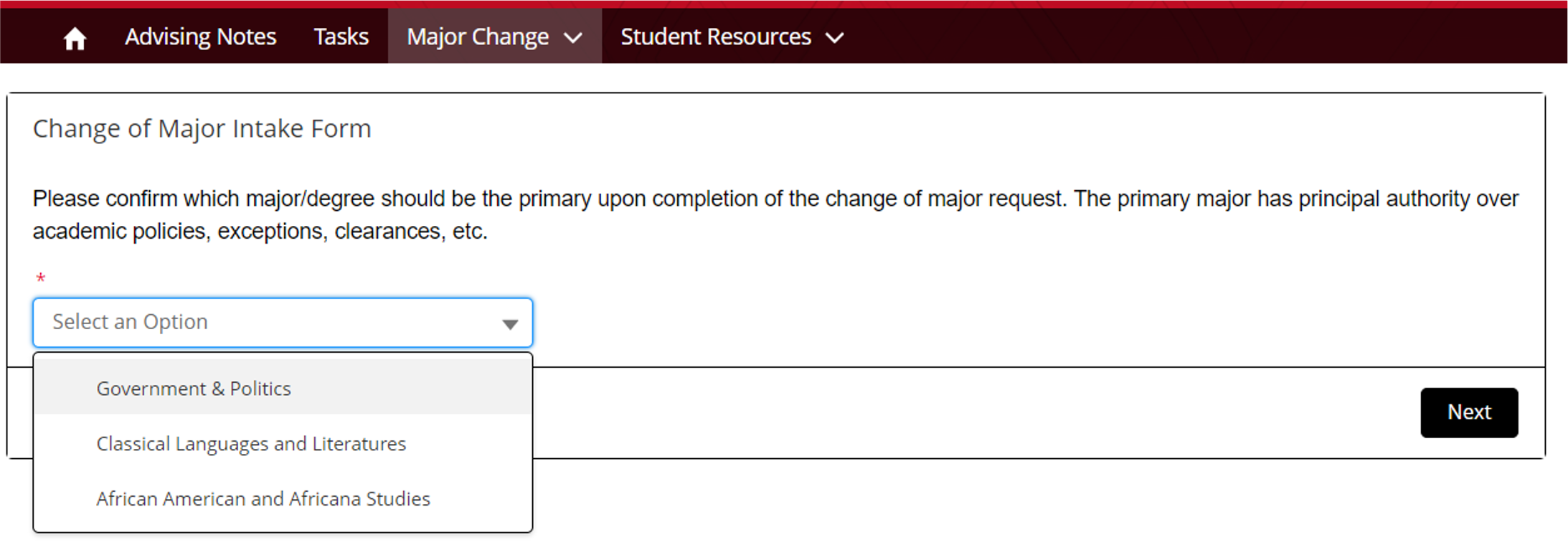 Screen to select your primary major