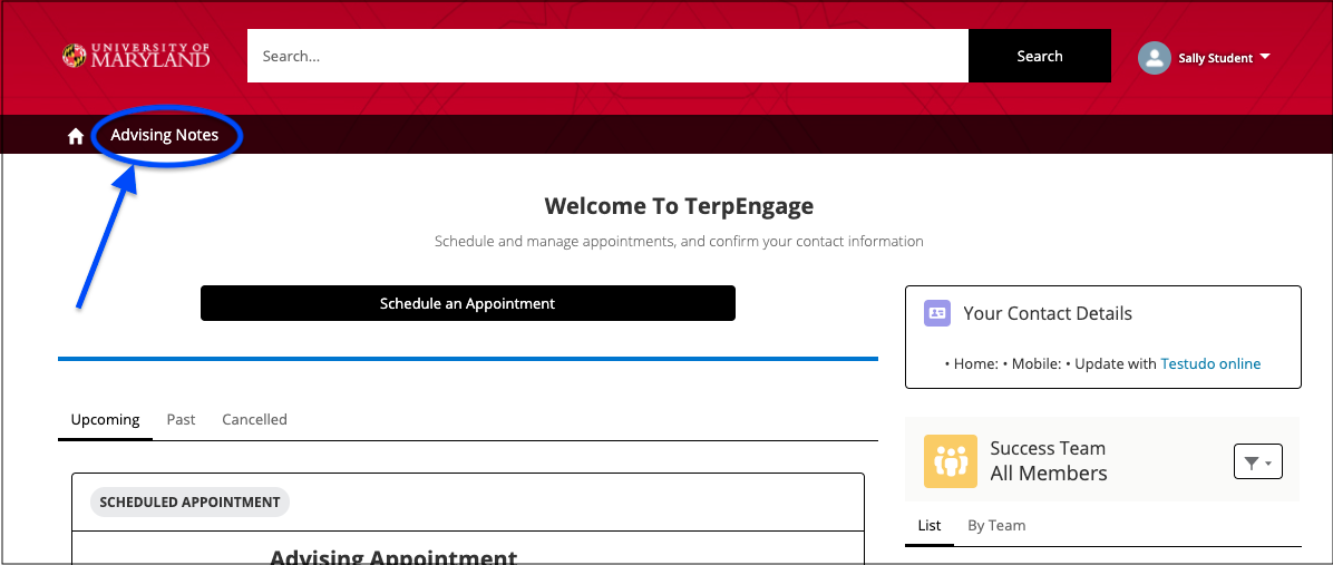 Button for students to access Advising Notes